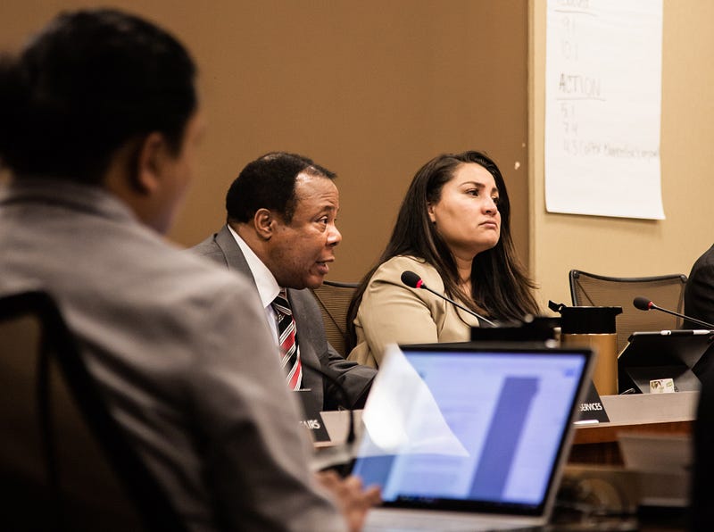 Former Vice Chancellor Sadiq Ikharo (center) answers questions about the Fire Watch at the Feb. 26 Board of Trustees meeting. His replacement Leigh Sata, was announced on March 26, just days after the fess of the fire watch at Laney reached $100,000