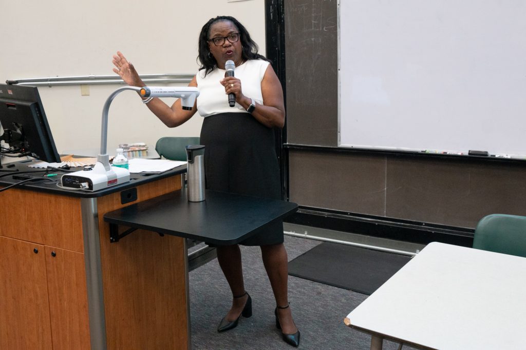 Regina Stanback Stroud addresses community members during a forum when she was being considered for the position of Peralta Community College District chancellor in Sept. 2019.