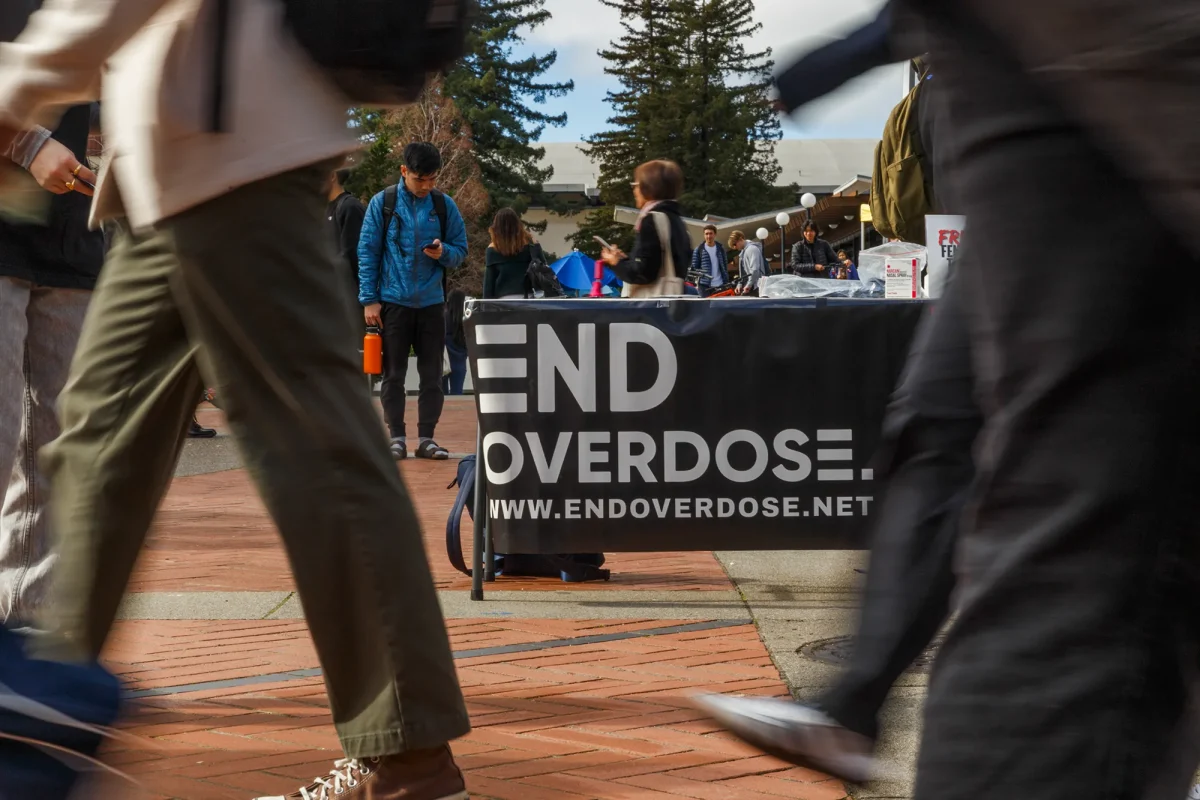 The UC Berkeley chapter of End Overdose at Sproul Plaza in Berkeley on Jan. 23, 2024. The organization passes out free fentanyl test strips to students, and gives other organizations training on Narcan usage. (Photo: Juliana Yamada/CalMatters)