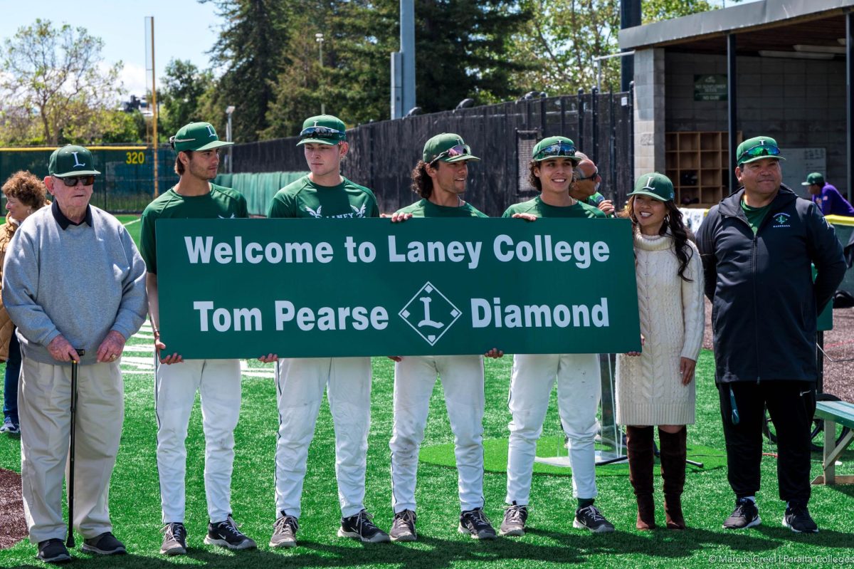 Laney College Baseball held a naming ceremony April 26 for its stadium, now called the Tom Pearse Diamond. The name change was approved by the Peralta Board of Trustees at its April 23 meeting. (Photo: Marcus Creel/PCCD)