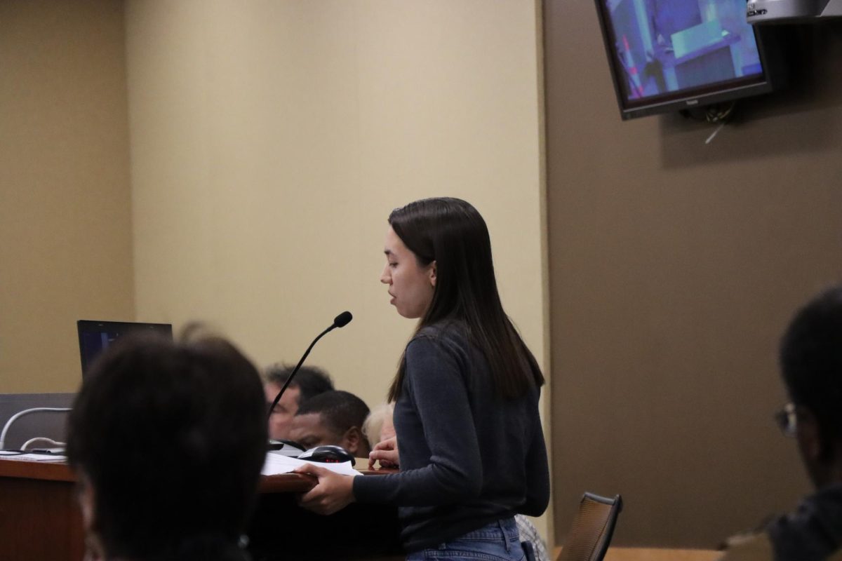 Abigail McMurry, Acting President of Associated Students of Laney College, spoke against last-minute class cancellations at the May 14 Board of Trustees meeting.