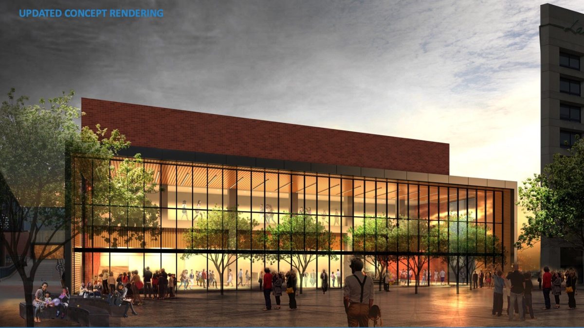 A rendering of what a renovated Laney Theater could look like one day. The $29 million project is on hold until the state approves designs for a functional fire alarm system for the aging campus. (Source: BuildPERALTA website)