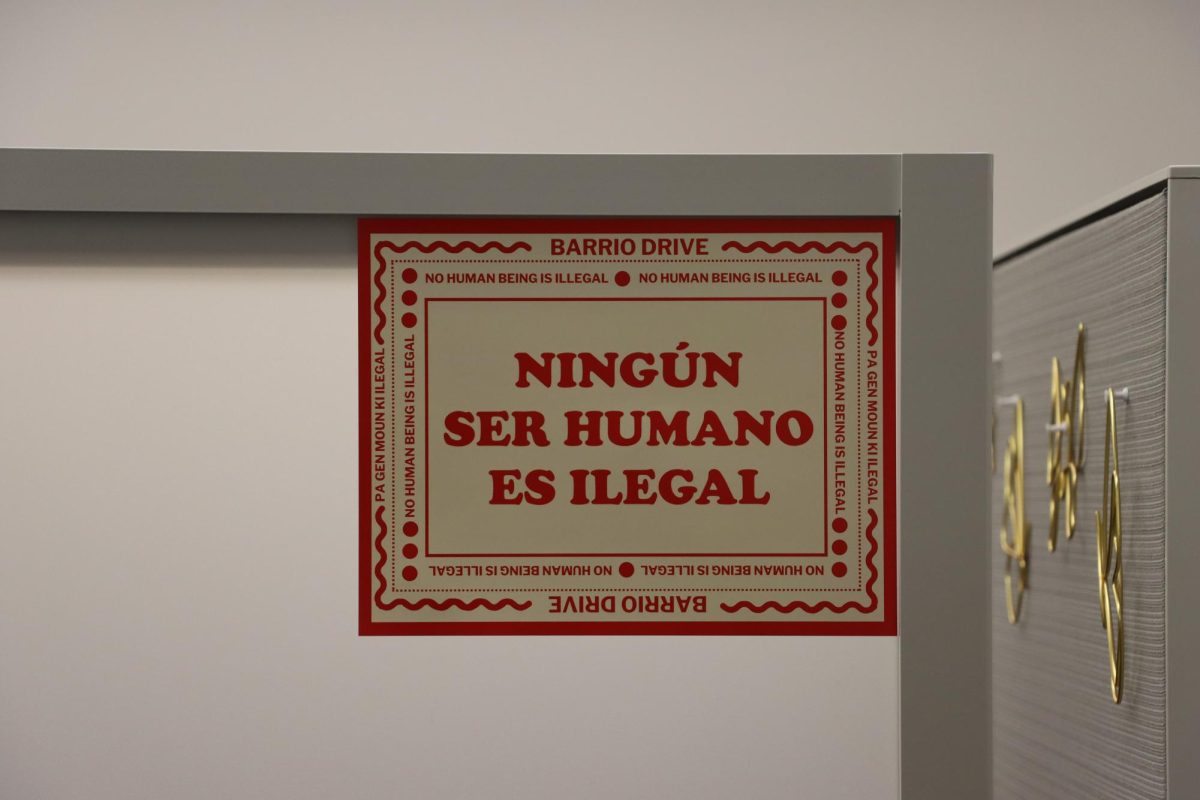 A sign reading 'No human is illegal' in the R-building at Merritt College. As of Jan. 21, ICE agents are now permitted on college campuses.