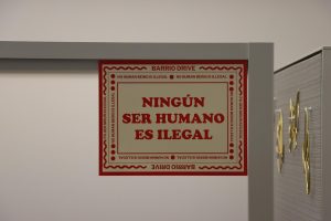 A sign reading 'No human is illegal' in the R-building at Merritt College. As of Jan. 21, ICE agents are now permitted on college campuses.