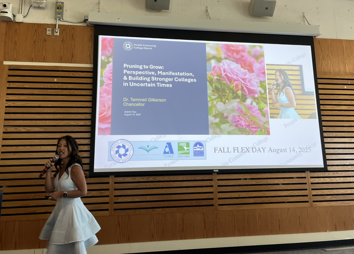 Peralta Chancellor Tammeil Gilkerson introduced her recommendation to merge Laney College and Merritt College at a recent district professional development day. Historically, Laney and Merritt were once two campuses of one school -- Oakland City College.
