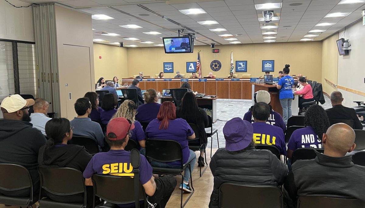 SEIU members pack the Board of Trustees regular meeting at the Peralta District Offices, Aug. 26, 2025. 
