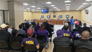 SEIU members pack the Board of Trustees regular meeting at the Peralta District Offices, Aug. 26, 2025. 
