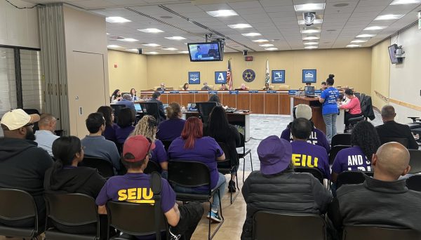 SEIU members pack the Board of Trustees regular meeting at the Peralta District Offices, Aug. 26, 2025. 

