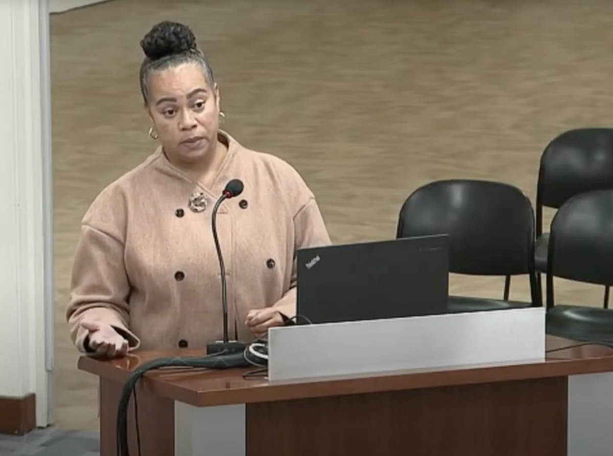 Andrea Epps speaks to the Peralta Board of Trustees about an independent analysis into the district's equity as an employer. Despite finding Latinx-identified individuals to be underrepresented among district employees, the analysis did not show "persistent patterns of adverse impact” on hiring “by race, ethnicity, or gender.”
