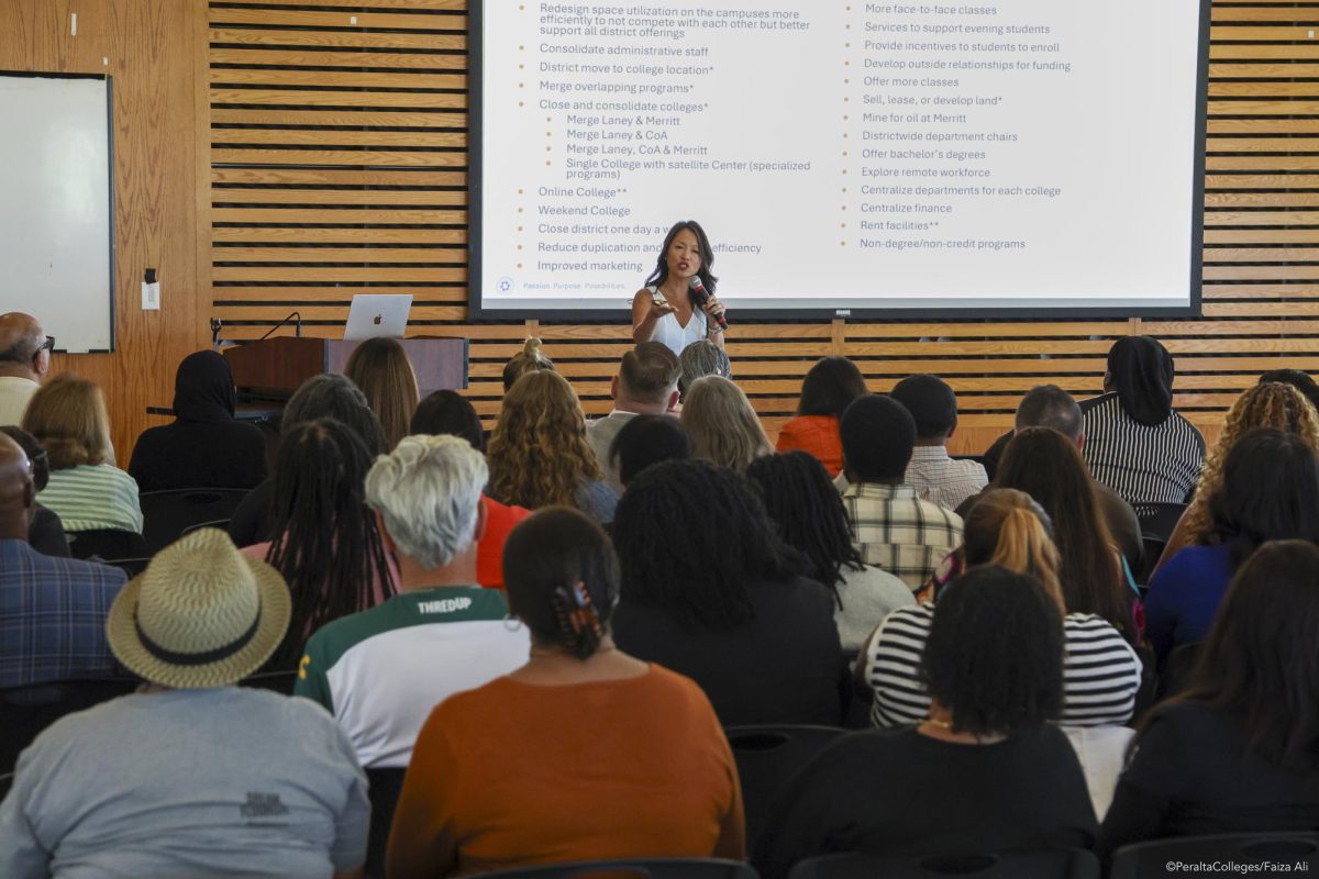 Chancellor Tammeil Gilkerson speaking to a crowd of Peralta employees during the fall 2025 District FLEX Day at Merritt College in Oakland, CA on Aug. 15, 2025.