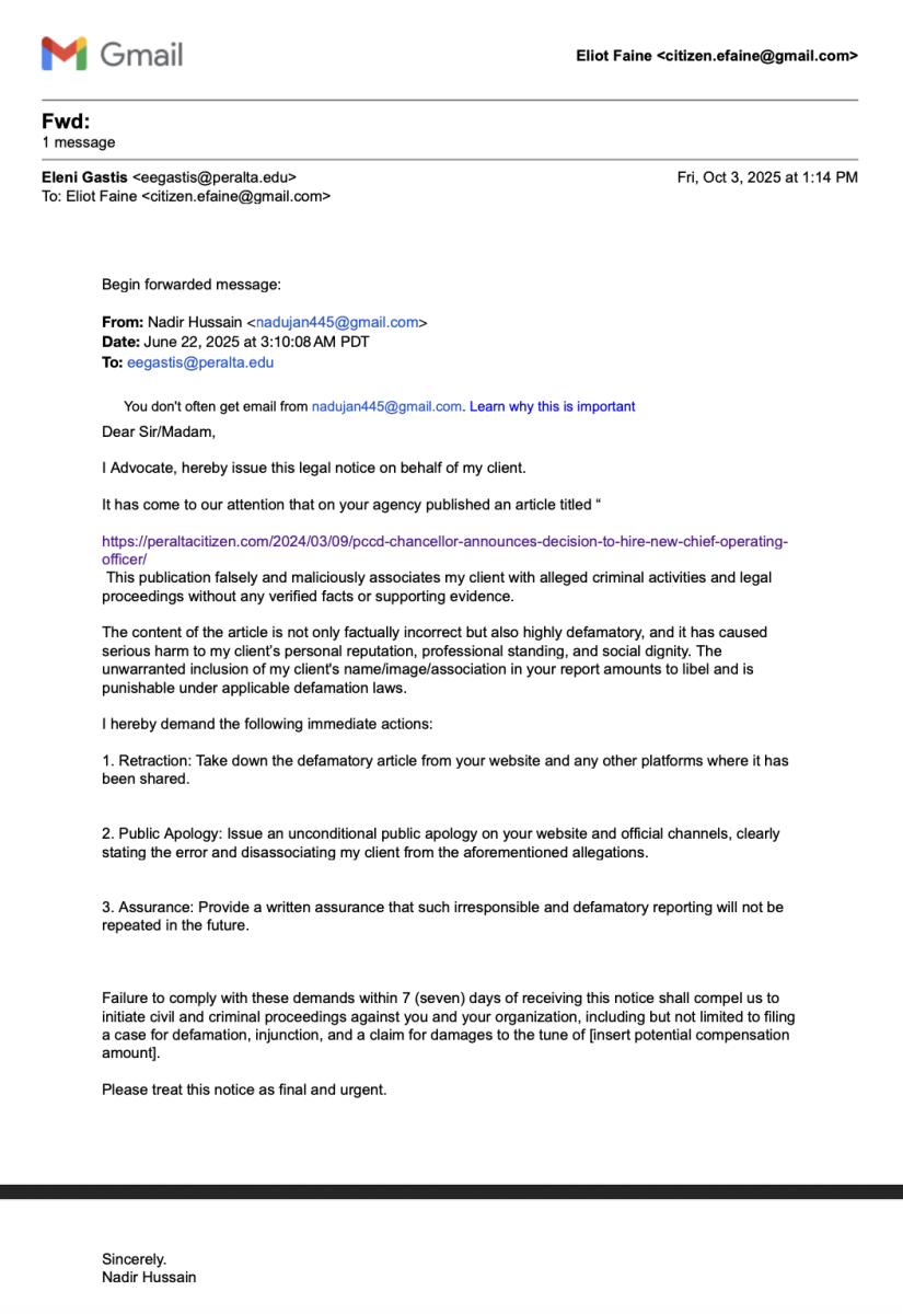 Over the summer, The Citizen received multiple emails that claimed we had published libelous articles. The authors of the emails alleged they were reaching out on behalf of their client, Tim Thomas, Peralta Community College District’s former Executive Director of Public Safety.