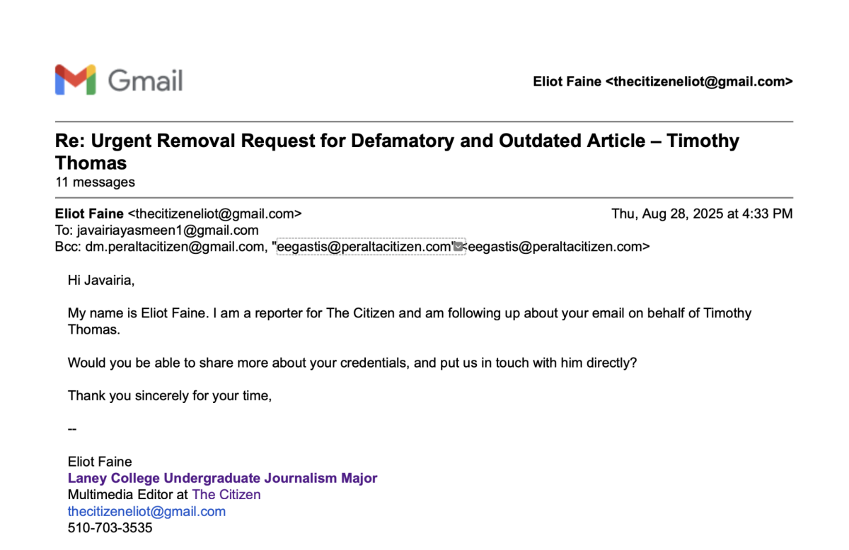 Over the summer, The Citizen received multiple emails that claimed we had published libelous articles. The authors of the emails alleged they were reaching out on behalf of their client, Tim Thomas, Peralta Community College District’s former Executive Director of Public Safety.