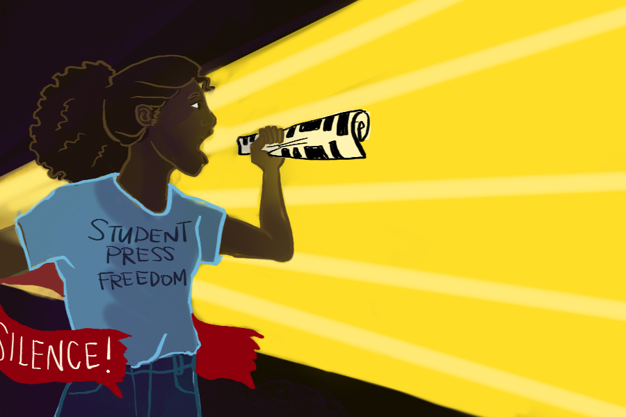 Graphic of a student journalist, using a rolled up newspaper to break the ribbon of silence. 
