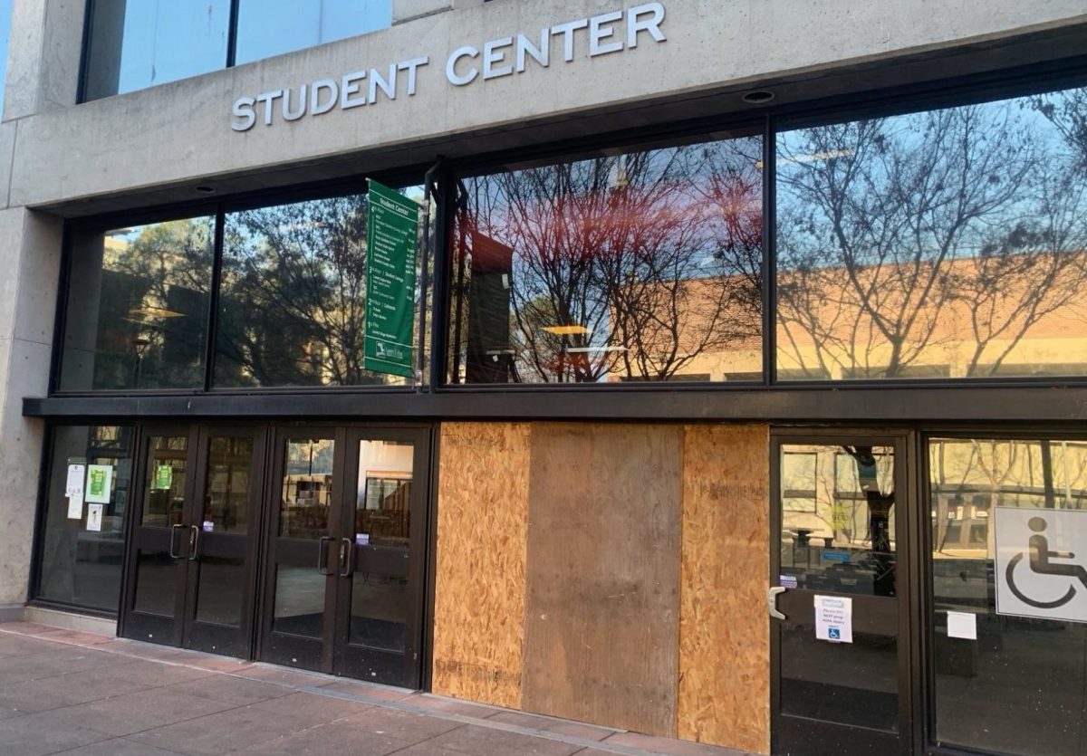 Boarded up doors to the Student Center on Laney College campus in Oakland, CA. on Jan. 19, 2026.