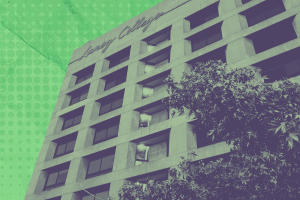 Photo of the Laney Tower taken by Desmond Meagley, edited in Canva by Eliot Faine.